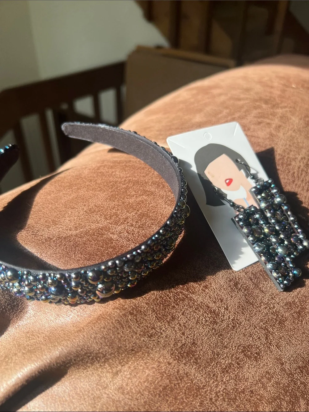 Beaded Black Iridescent Headband and Earrings Set